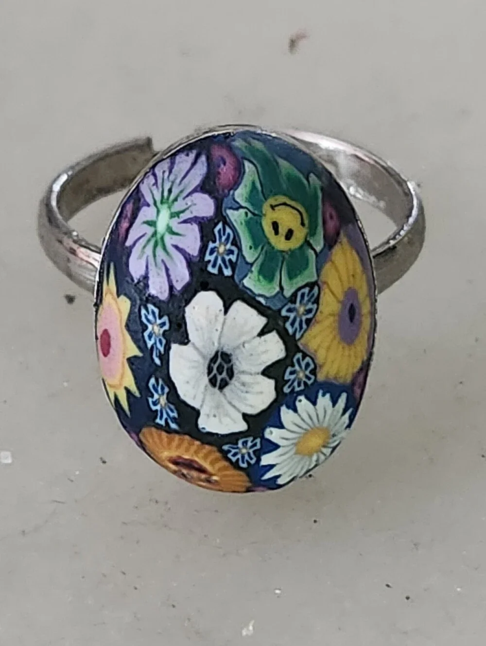 Floral Multicolor Oval Statement Ring - Adjustable
